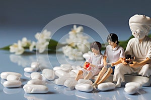 minature asia family sitting on white tablet pills ,Health care and medical industry business concept