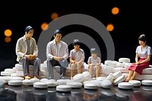 minature asia family sitting on white tablet pills ,Health care and medical industry business concept