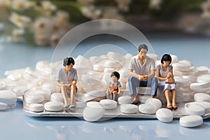 minature asia family sitting on white tablet pills ,Health care and medical industry business concept