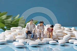 minature asia family sitting on white tablet pills ,Health care and medical industry business concept