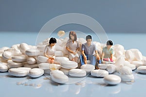 minature asia family sitting on white tablet pills ,Health care and medical industry business concept