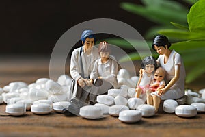minature asia family sitting on white tablet pills ,Health care and medical industry business concept