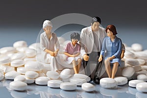 minature asia family sitting on white tablet pills ,Health care and medical industry business concept