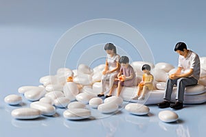 minature asia family sitting on white tablet pills ,Health care and medical industry business concept