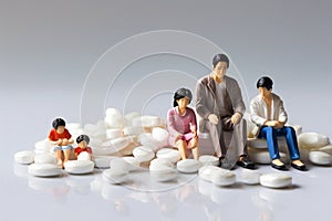 minature asia family sitting on white tablet pills ,Health care and medical industry business concept