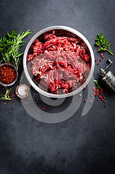 Mince. Ground meat with ingredients for cooking