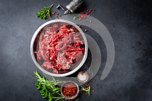 Mince. Ground meat with ingredients for cooking