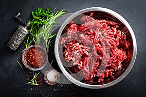 Mince. Ground meat with ingredients for cooking