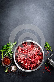 Mince. Ground meat with ingredients for cooking