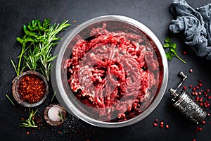 Mince. Ground meat with ingredients for cooking