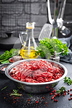 Mince. Ground meat with ingredients for cooking