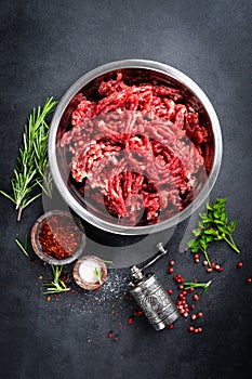 Mince. Ground meat with ingredients for cooking