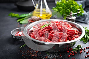 Mince. Ground meat with ingredients for cooking