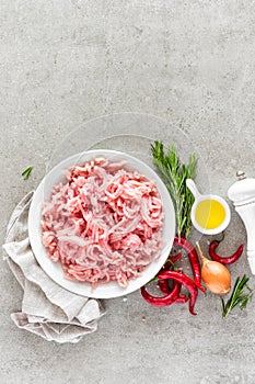 Mince. Ground meat with ingredients for cooking on light grey background