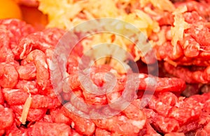 Minced beef with garlic close-up