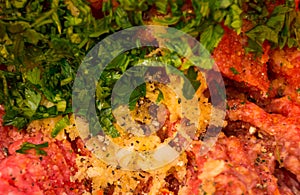 Minced beef with garlic close-up