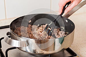 Minced Beef with Onions in a Frying Pan