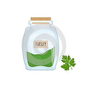 Minced and dried parsley stored in glass jar isolated on white background. Aromatic herb, tasty food spice, herbal photo