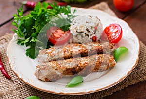 Minced Lula kebab grilled turkey chicken with rice