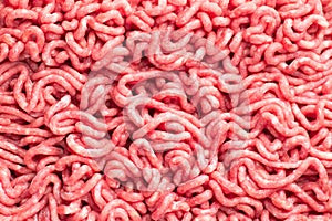 Minced meat, beef mince, forcemeat, fresh raw uncooked ground meat texture, close up, food background