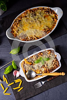 A , minced meat casserole with cheese