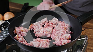 Minced meat in the frying pan.