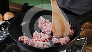 Minced meat in the frying pan.