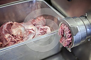 Minced meat making, professional meat cutting, Fresh raw minced meat preparation
