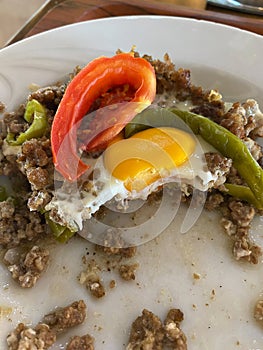 Minced meat, onion and pepper with egg, Turkish traditional breakfast food