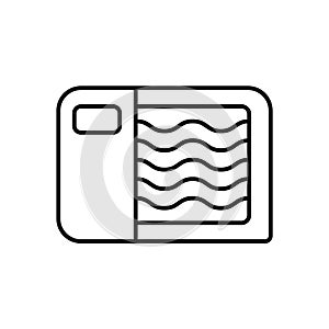 Minced meat in rectangular packaging with label. Linear icon of semi-finished meat products. Black simple illustration of ground- photo