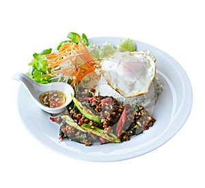 Minced pork with basil and fried egg on transparent
