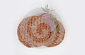 Minced steak burger grilled with onion on white background