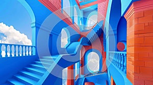 A mind-bending digital artwork of intertwining staircases in vibrant blue and red, under a clear blue sky