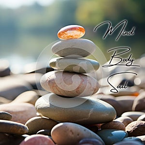 Mind, Body and Soul text with zen stones background. Inspirational and living life concept.