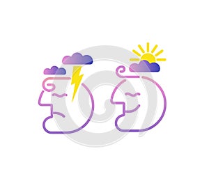 Mind brain creative concept.Head profile with storm cloud and clear sky. Mindfulness and stress management in psychology,vector lo