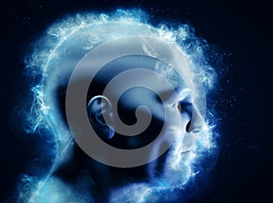 Mind, brain power and energy concept. 3D human head with glowing abstract shapes