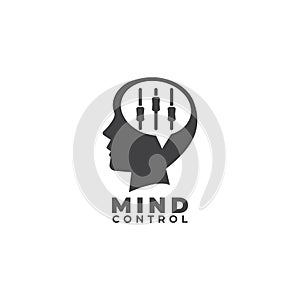 Mind control logo flat design template. Dark Gray Head shilhouette, Speech bubble or callout and equalizer logo concept.