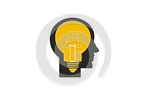Mind creativity concept. Vector man head with light bulb inside