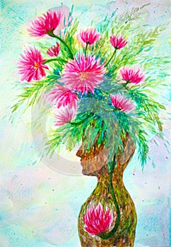 Mind flower human head mental spiritual abstract art watercolor painting illustration design drawing