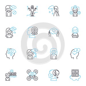 Mind function linear icons set. Cognition, Intelligence, Memory, Perception, Concentration, Attention, Consciousness