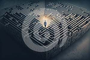 Mind games, psychology, solving a psychological problem concept with human looking for a way out of the maze.