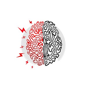 Mind headache. Human brain with zippers. Headache, stress, insanity. Human brain logo icon in line style on white background