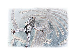 Mind. A man is flying in an air tube. The feeling of weightlessness. Sketch effect. The illusion of an active lifestyle. Banner fo