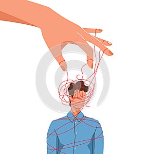 Mind manipulate concept vector illustration with puppet master hand confuses or operates chaos opinions of man isolated