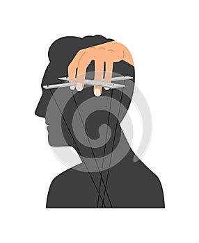 Mind manipulation. Head brain control silhouette vector illustration, human thought authority manipulating threads, man