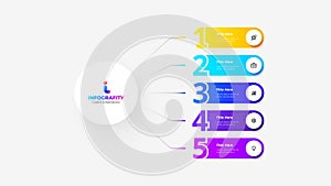 Mind map with 5 numbers elements connected to main circle. Flowchart with five steps