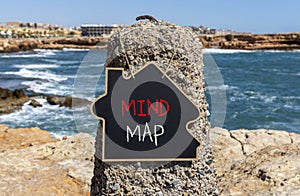 Mind map symbol. Concept words Mind map on beautiful black chalk blackboard on a beautiful beach stone blue sea background.