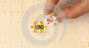 Mind map symbol. Concept words Mind map on beautiful white puzzles on a beautiful white background. Businessman hand. Business,