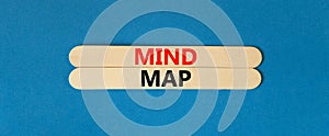 Mind map symbol. Concept words Mind map on beautiful wooden stick on a beautiful blue table blue background. Business, support,