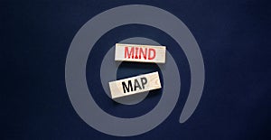 Mind map symbol. Concept words Mind map on wooden blocks on a beautiful black table black background. Business, support,